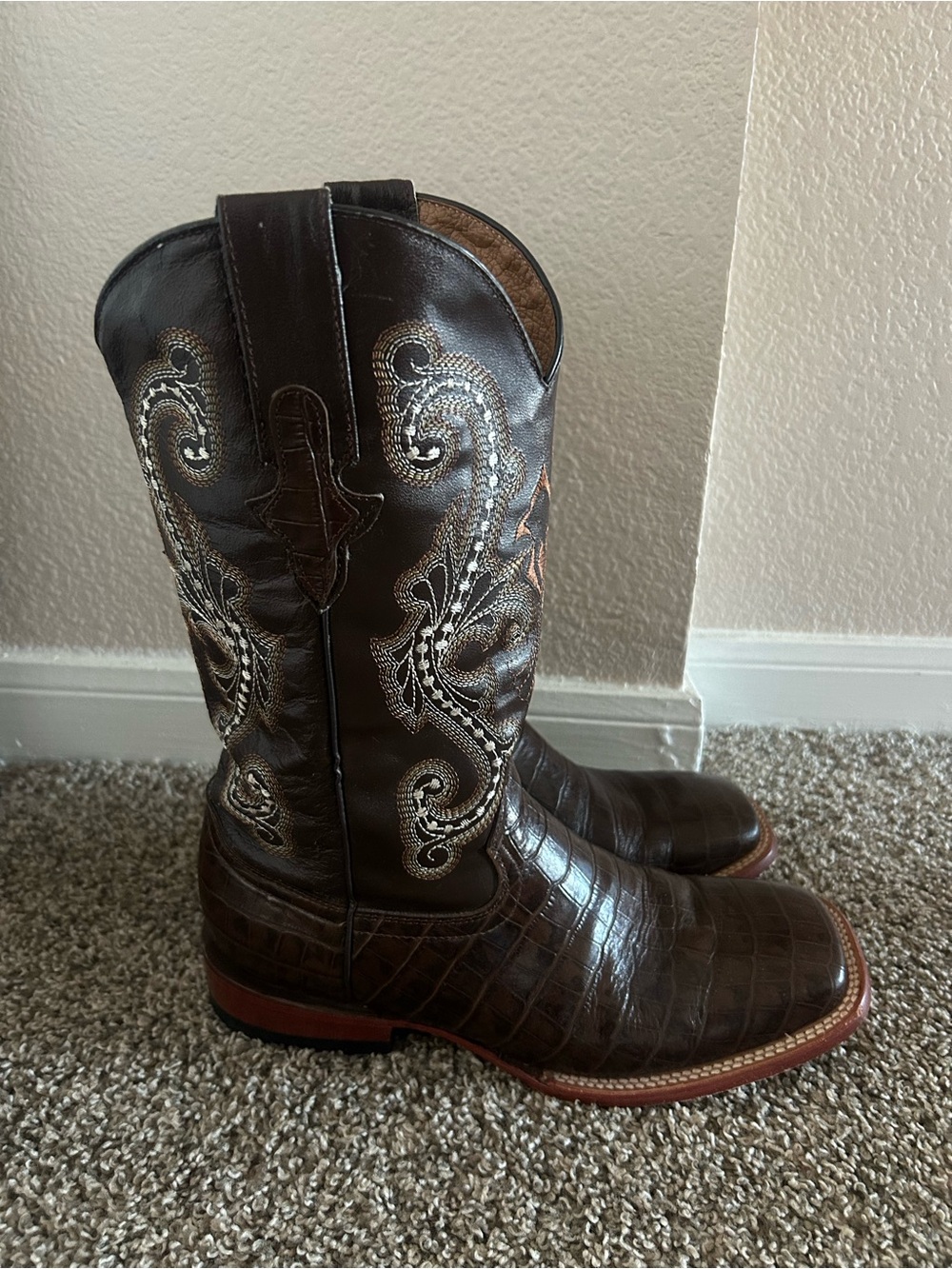 Ferrini Brown Embossed Croc-Print Western Boots with Stitch Detail